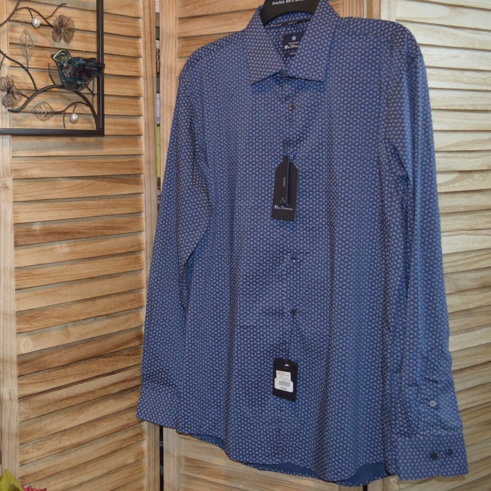 NWT Ben Sherman L Slim Fit Dress Shirt Moisture Wicking Navy/Light Blue